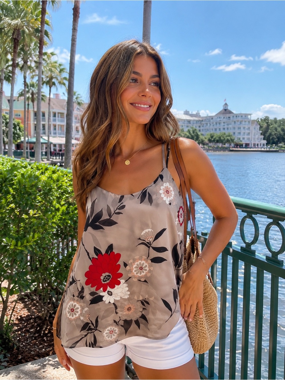 LOFT Floral Camisole in Taupe with Red Accents